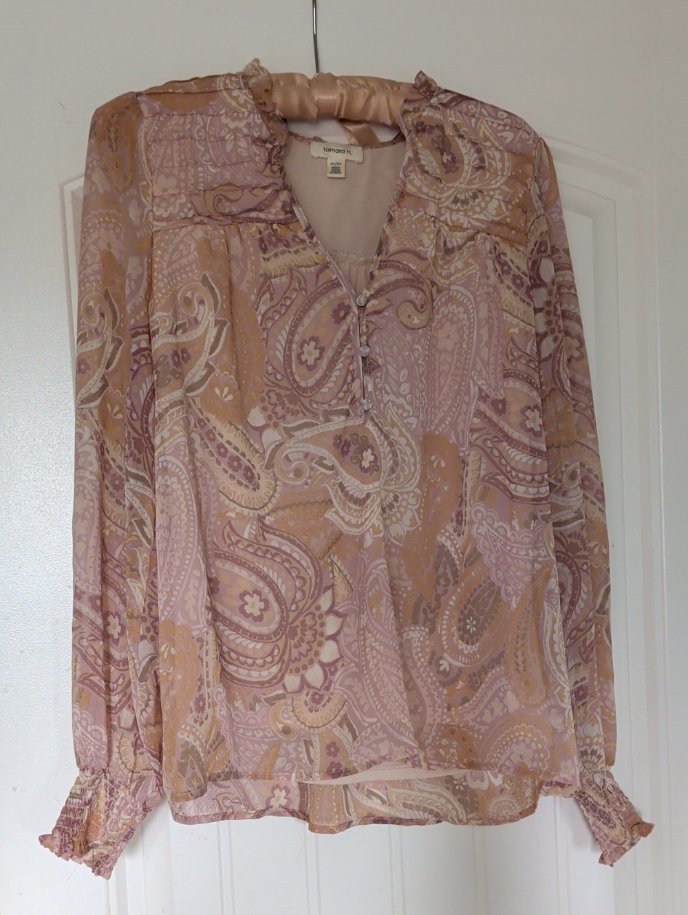 Tahari Pink and Tan Paisley Ruffle-Neck Blouse